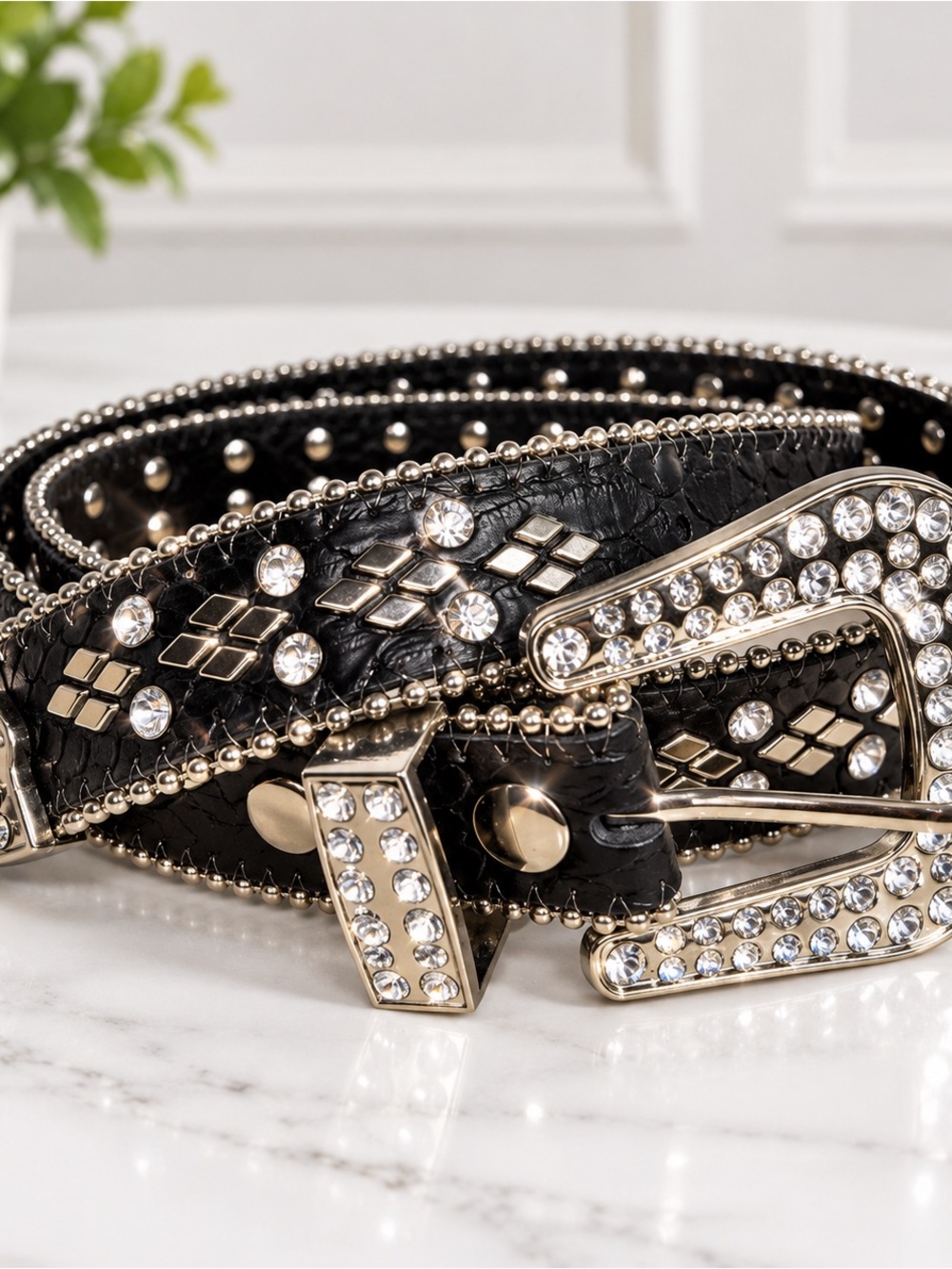 Women's Black Crystal & Gold Accent Leather Belt